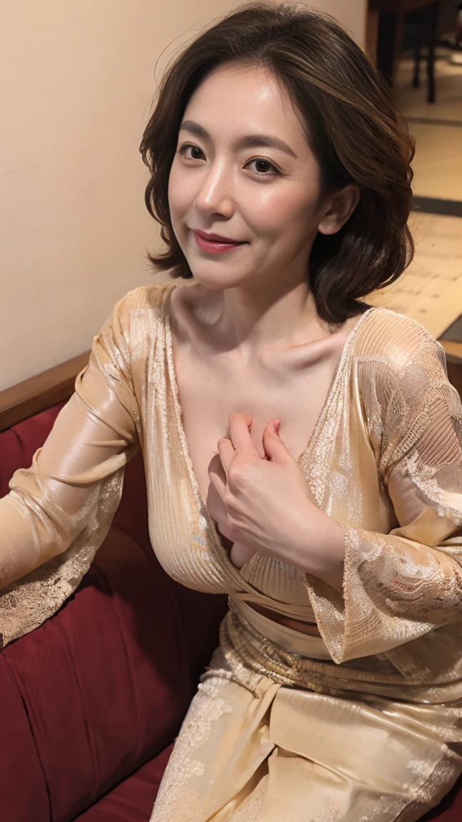 I 65 years old,(Mature Woman:1.2), Captivating Gaze,Sexy messy long hair, ,Brown eyes, (She has many wrinkles on her face:1.4), (Her chest has many wrinkles..4),old woman, Fine wrinkles (old woman in Japan), Long Fashion Hair, The body is slim, Cleavage, (Big Breasts:1.4) Skin-tight beige lace kebaya, Batik Skirt, masterpiece, Very detailed, Ultra HD, 8k, Detailed face, Bright Eyes, Perfect Eyes, Detailed skin texture, Detailed lips, Sexy lips, Perfect hands, Dynamic pose, Dynamic Angle