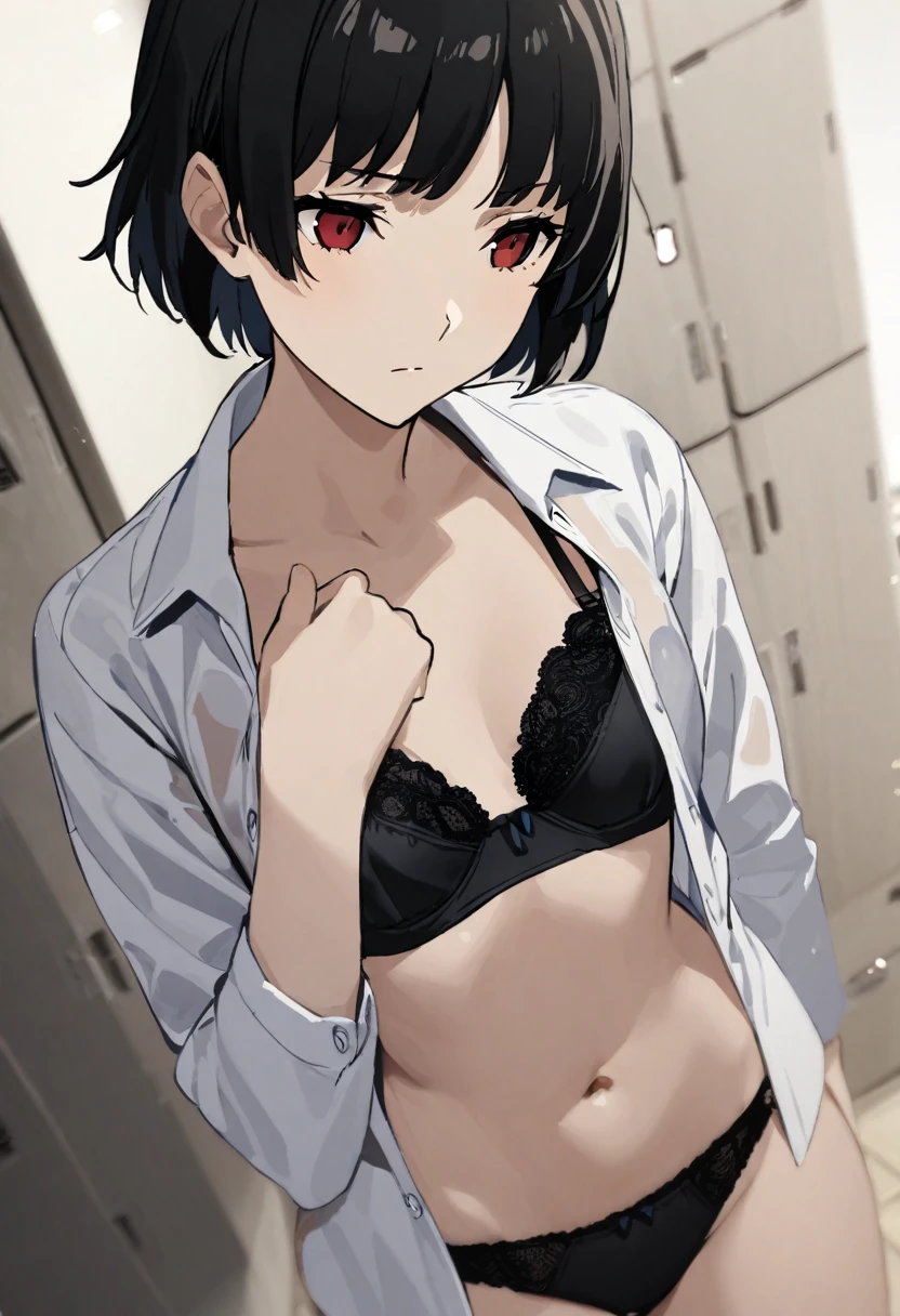 masterpiece, Highest quality, Expressionless, 1 girl, 、Locker Room、Change of clothes、Open shirt、Blue Panties((Black Hair))　　((BlueBRA))　Small breasts　Short Hair　Look away　From above　Red Eye