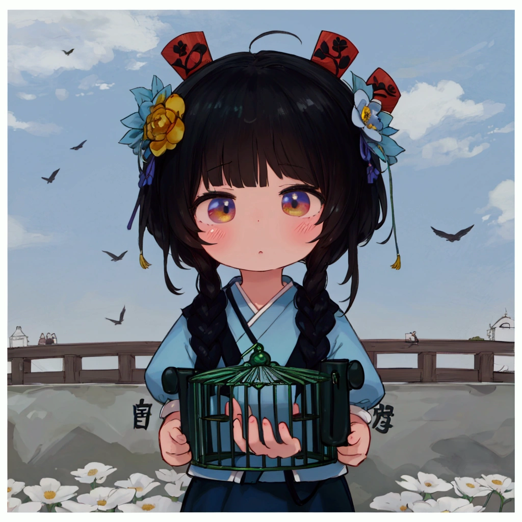 A girl holding a cage,里面有一只bird的动画片, 头上带着bird笼的女孩, 她头上有bird, Roses in your hair, she has a crown of dried flowers, flowers in her dark hair, bird, flower , 🍁 Lovely, Lovely art style, girl with a flower head, author:Yi Yinwen, Urban girl fan art