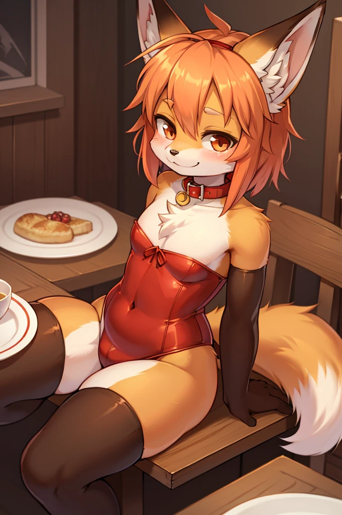 fox boy,Sexy bunny outfit,Red collar sitting at the table,Cute face,