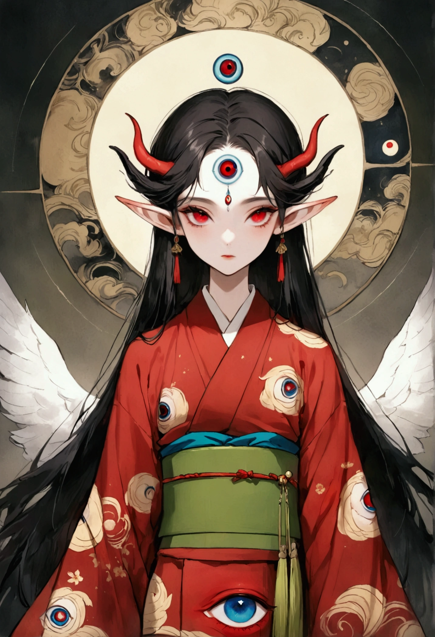 Art Illustration，Dark Style，(((1 Boy，独奏，third eye on the forehead，Elf ears))),(((Gorgeous Japanese red kimono：1.6，Eye Diagram，Dark Pattern))).(((Thin waist，Greenbelt：1.37)))whole body