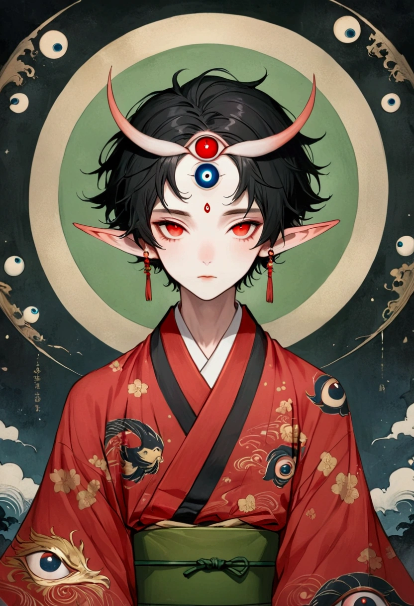 Art Illustration，Dark Style，(((1 Boy，独奏，third eye on the forehead，Elf ears))),(((Gorgeous Japanese red kimono：1.6，Eye Diagram，Dark Pattern))).(((Thin waist，Greenbelt：1.37)))whole body