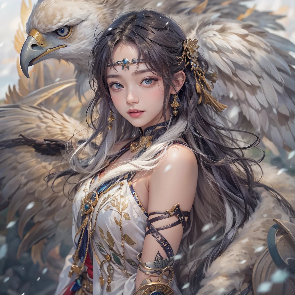 Hiding in the snowy mountains、Hair flow、 ((highest quality、masterpiece、8k、Best image quality、Ultra-high resolution、Award-winning works)、(Accurate anatomy:1.1)、(Look at me and smile:1.1)、Shining fair skin with Ultra-high resolution、The most detailed face、Ultra-high resolution detailed face、Ultra-high resolutionの髪の毛、(Ultra-high resolutionの煌めく瞳:1.1)、Beautiful face drawn in every detail、(Blurred Background:1.1)、Ancient Inuit clothing, Chest to chest, tattoo, Old ruins in the background、Apart from the real giant eagle