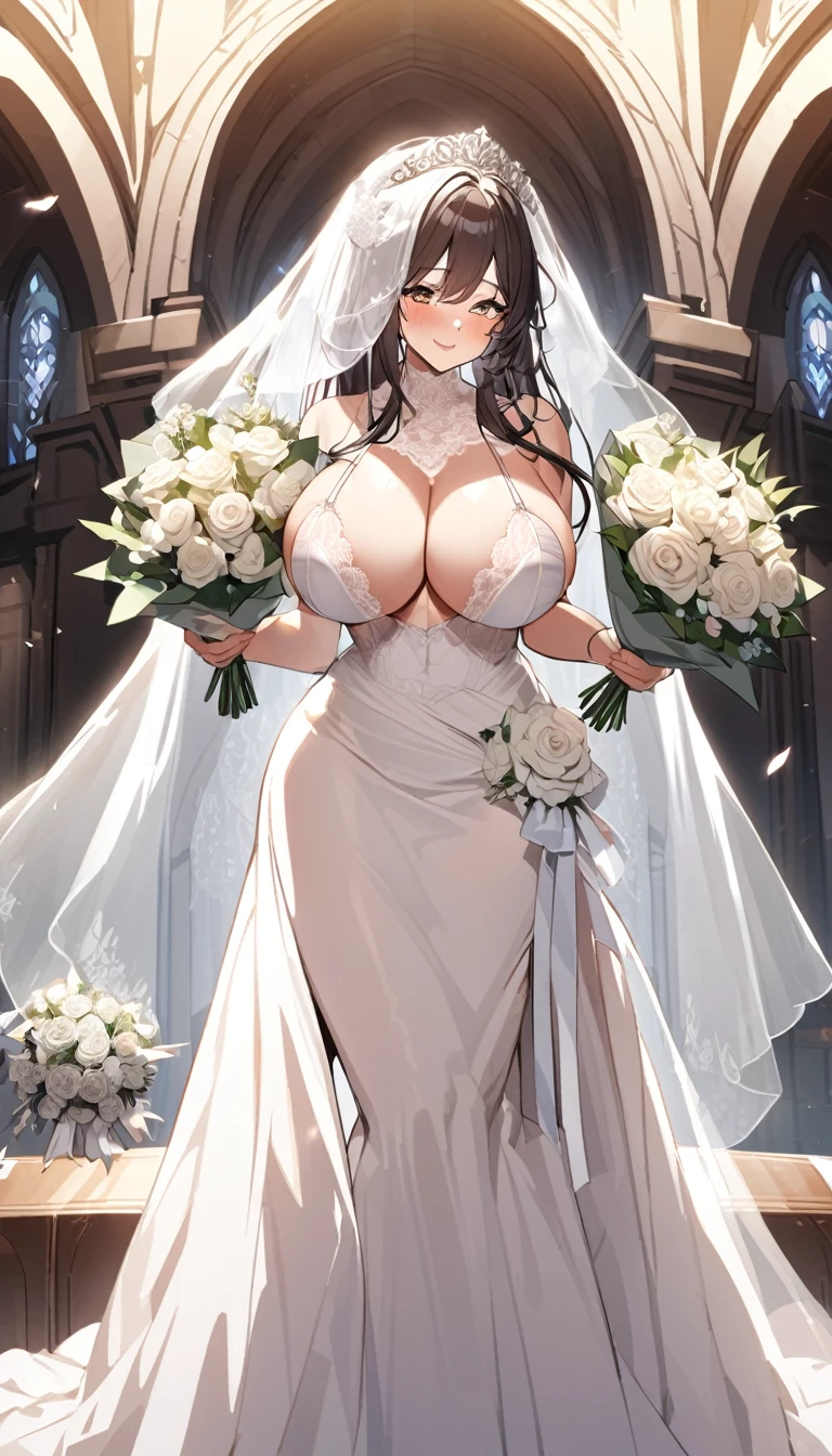 Girl with huge breasts wearing a micro bra in a wedding dress with a lace neckline at the altar with a veil and bouquet