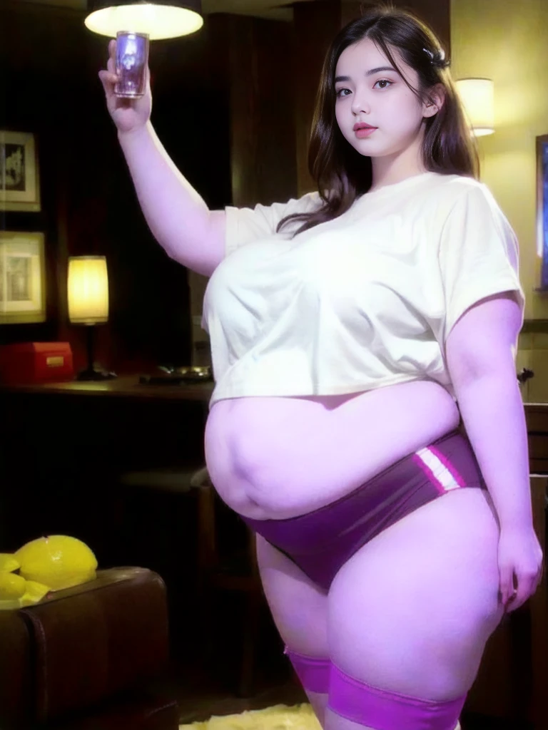 il y a une femme en chemise blanche et culotte noire qui pose, she has a round and big belly, thick, bbwchan, her belly is big and round, sultry body with sexy belly, attractive plus size model, her navel is exposed, hyperrealistic complete figure, corps thick, large stomach, curved model