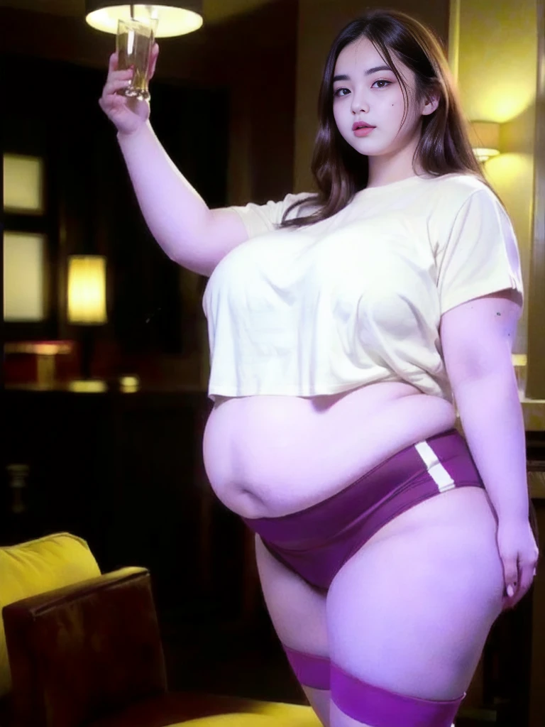 il y a une femme en chemise blanche et culotte noire qui pose, she has a round and big belly, thick, bbwchan, her belly is big and round, sultry body with sexy belly, attractive plus size model, her navel is exposed, hyperrealistic complete figure, corps thick, large stomach, curved model