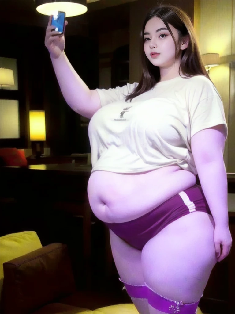il y a une femme en chemise blanche et culotte noire qui pose, she has a round and big belly, thick, bbwchan, her belly is big and round, sultry body with sexy belly, attractive plus size model, her navel is exposed, hyperrealistic complete figure, corps thick, large stomach, curved model