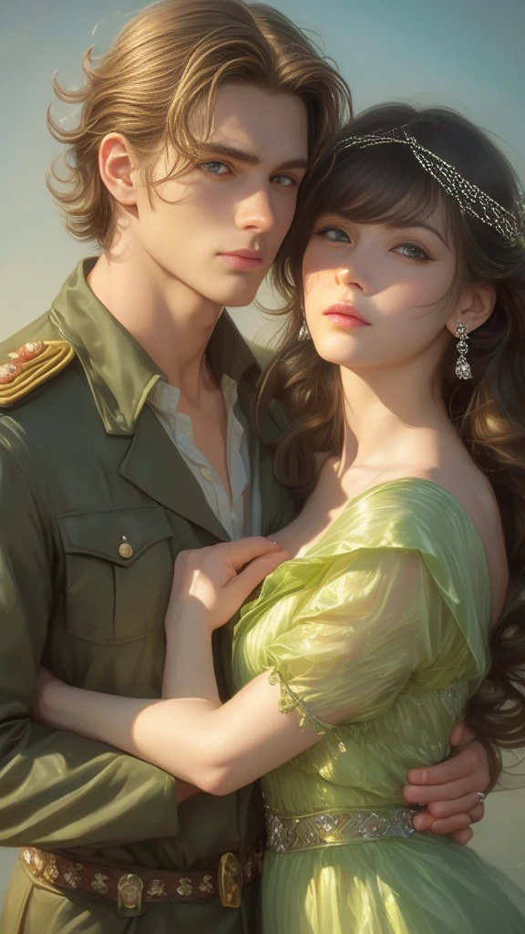 High-quality image of a couple: a blond men (tall, statuesque, handsome, courageous young man with blue eyes, curly golden hair, dressed in a gray antique military uniform) he hugs a woman with a black hair (a fantastically beautiful young femme fatale with long straight black hair, long bangs, she has blackberry eyes, she is a princess, on she has a romantic dress and a tiara). They are in love with each other. The sketches of the "Ideal Anatomy" made by Boris Vallejo are characterized by a high degree of detail. Masterpiece, detailed study of the face, beautiful face, beautiful facial features, perfect image, realistic shots, detailed study of faces, full-length image, 8k, detailed image, extremely detailed illustration, a real masterpiece of the highest quality, with careful drawing.