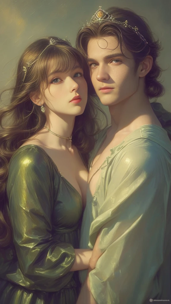 High-quality image of a couple: a blond men (tall, statuesque, handsome, courageous young man with blue eyes, curly golden hair, dressed in a gray antique military uniform) he hugs a woman with a black hair (a fantastically beautiful young femme fatale with long straight black hair, long bangs, she has blackberry eyes, she is a princess, on she has a romantic dress and a tiara). They are in love with each other. The sketches of the "Ideal Anatomy" made by Boris Vallejo are characterized by a high degree of detail. Masterpiece, detailed study of the face, beautiful face, beautiful facial features, perfect image, realistic shots, detailed study of faces, full-length image, 8k, detailed image, extremely detailed illustration, a real masterpiece of the highest quality, with careful drawing.