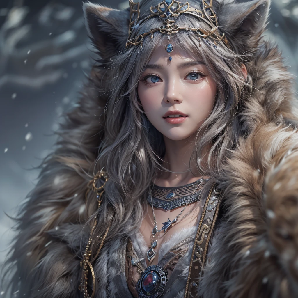 Lakeside surrounded by snowy mountains、Hair Flow、 ((Highest quality、masterpiece、8k、Best image quality、Ultra-high resolution、Award-winning works)、(Accurate anatomy:1.1)、(Look at me and smile:1.1)、Shining fair skin with Ultra-high resolution、The most detailed face、Ultra-high resolution detailed face、Ultra-high resolutionの髪の毛、(Ultra-high resolutionの煌めく瞳:1.1)、Beautiful face drawn in every detail、Ancient Viking clothing, Chest to chest, tattoo, A real wolf is by your side