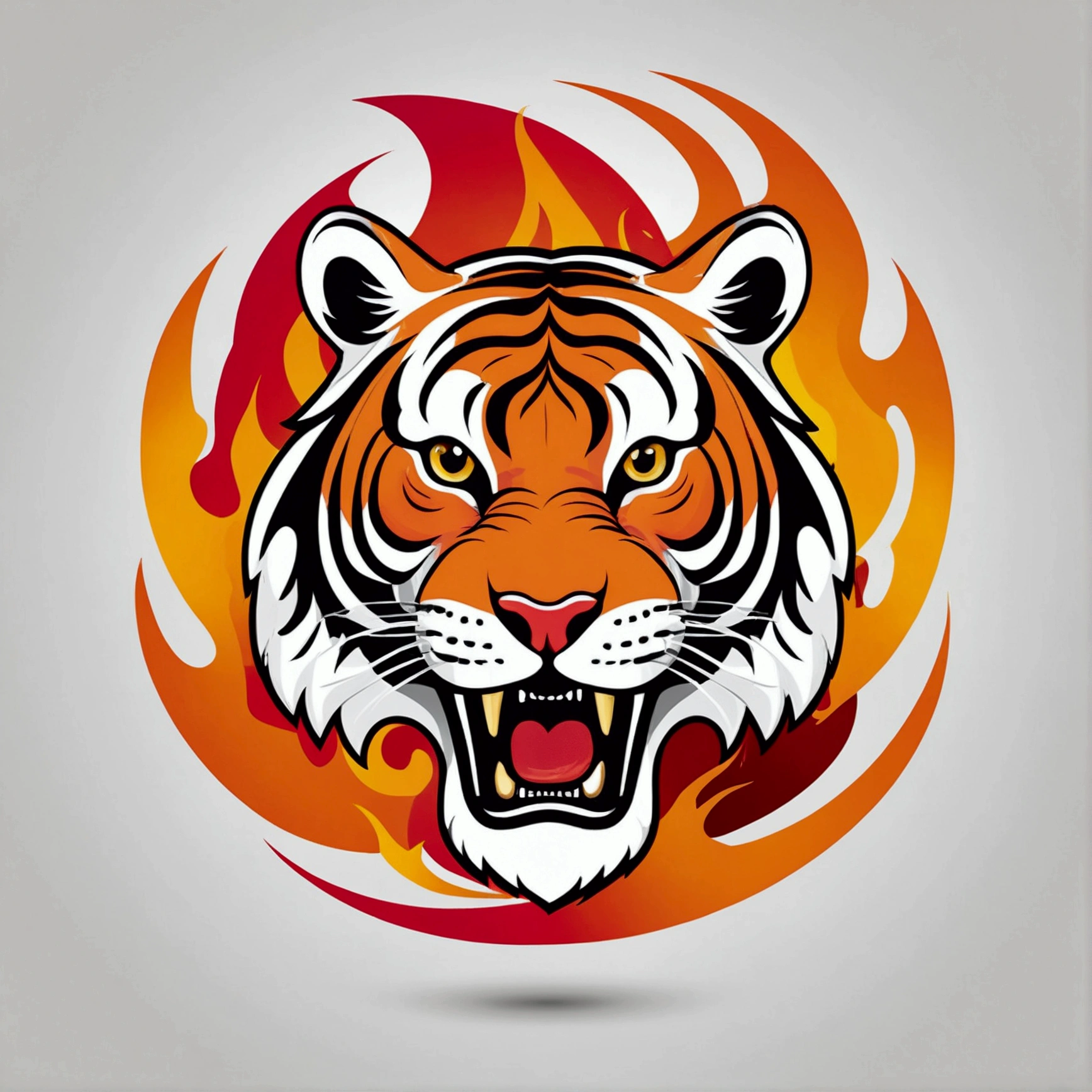 ::style vetor, vector logo of a tiger, soon in (((rounded shape))), white outlines and backgrounds, flames around the logo, bright coloured ::n_style image background, Deformations in the logo, animated cartoon, アニメ