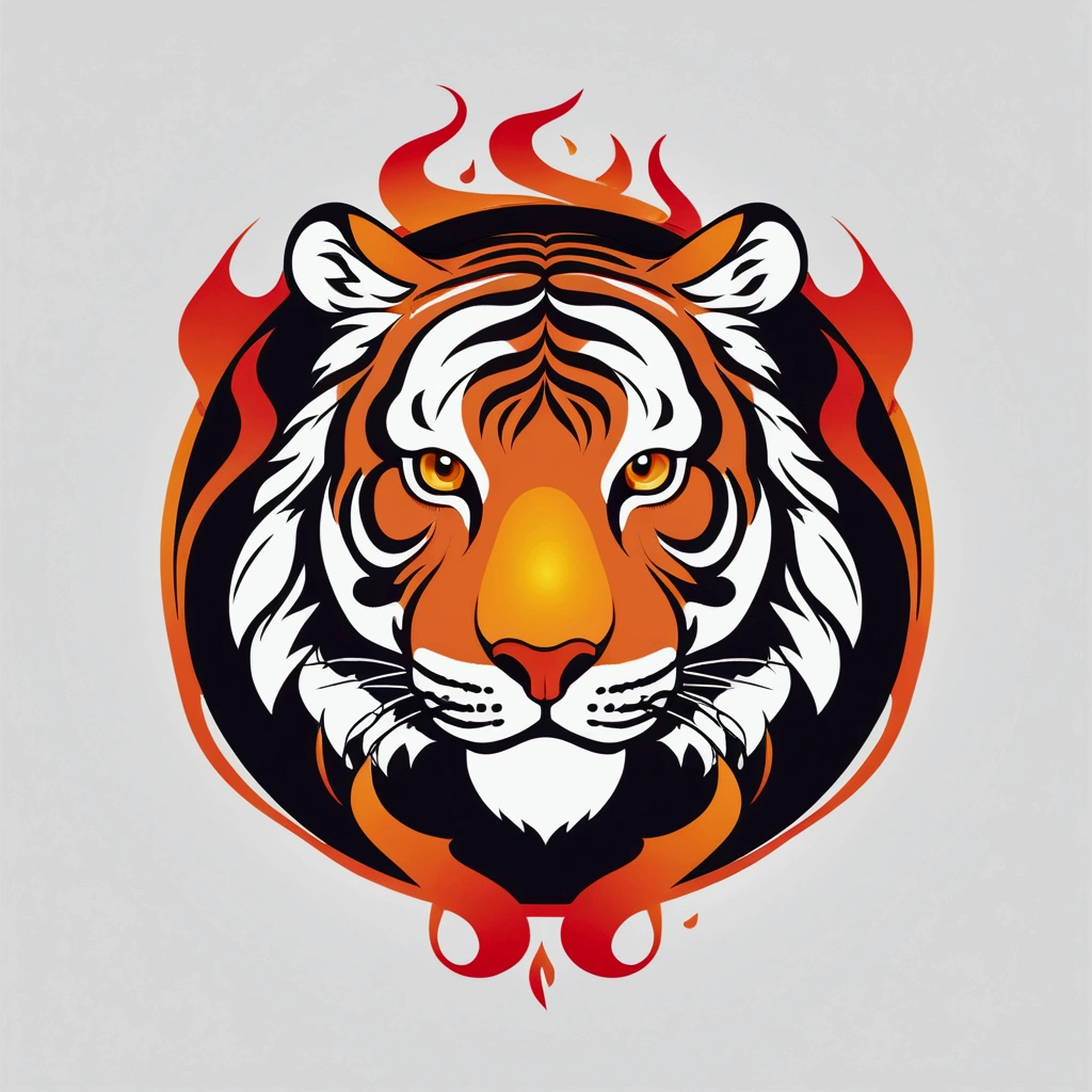 ::style vetor, vector logo of a tiger, soon in (((rounded shape))), white outlines and backgrounds, flames around the logo, bright coloured ::n_style image background, Deformations in the logo, animated cartoon, アニメ