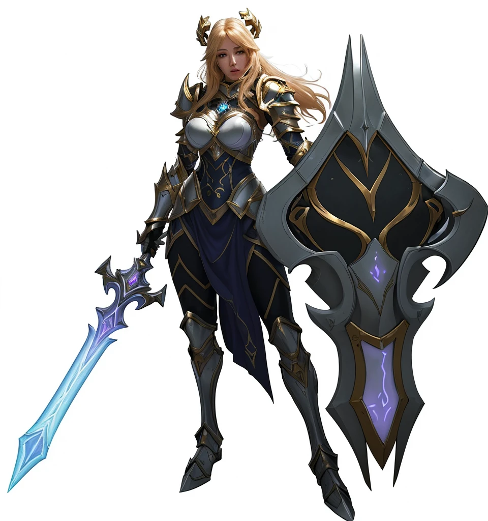 paladin, female, full armor, white armor, sexy, pretty face face, glowing armor, wonderfull, looks like "leona" from "league of legends"