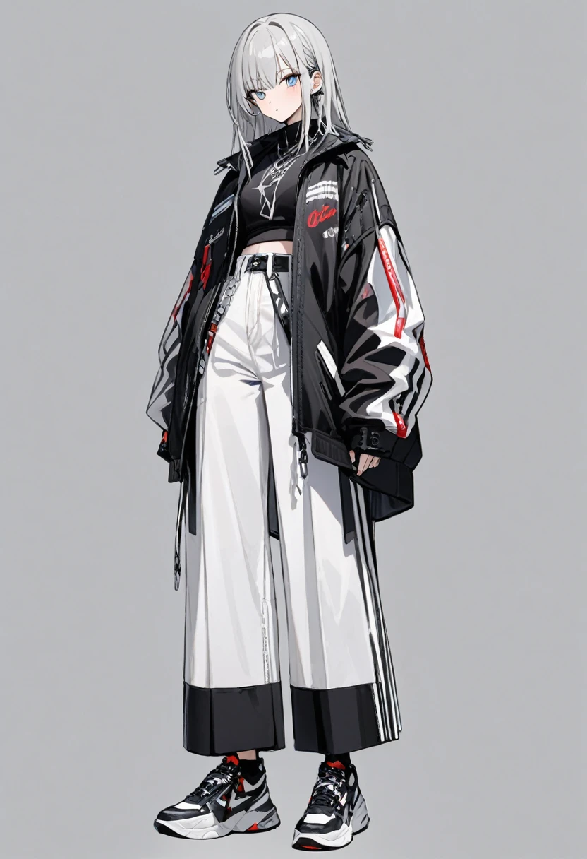 Modern Fashion(masterpiece、Highest Resolution: 1.2、8k)、central、whole body、One Girl、Black cool fashion、Wide-leg trousers、simple sneakers、Simple Background、White background #FFFFFF、Open your eyes,