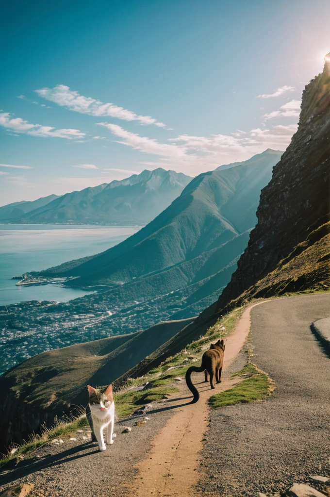 The cat stood on two legs with its back turned and stood on a mountain. Below the mountain there was sea water.