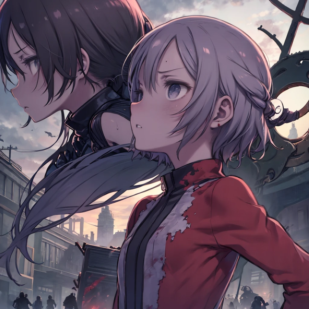 One Girl、Escaping from a horde of zombies、Grouped Zombies、Broken Town、Upper Body、profile、running、Sweat、Blood、Cloudy sky、Troubled expression、