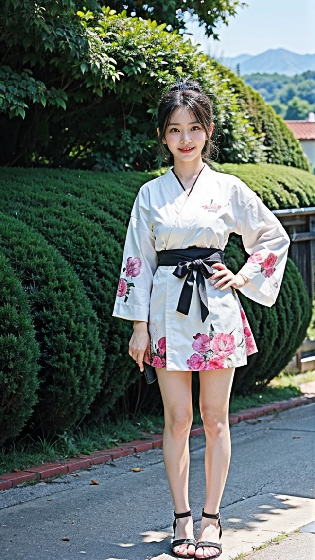 (8k、RAW Photos、Highest quality、masterpiece:1.2)、(Highest quality、Realistic)、1 Girl、((Pink black and white kimono、Japanese style、mini skirt、Floral、band、Idol Costume、ribbon、See-through、Thin legs、whole body、Sandals、garden、View from the front、Looking into the camera、Stand with hands on hips))、cute