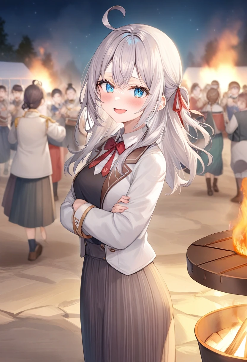 One girl, Alisa Mikhailovna Kujo,Tomorrow, my friend, Arya-san, will be visiting Russia.,alone, Long Hair, Eyebrows visible through hair, Hair between the eyes, Silver Hair, blue eyes, Medium chest, uniform、campfire、at night、School festival、Dancing folk dance、
View your viewers,
Highest quality, so beautiful,