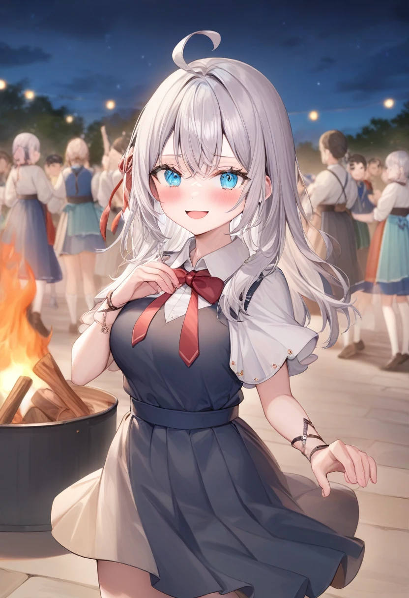 One girl, Alisa Mikhailovna Kujo,Tomorrow, my friend, Arya-san, will be visiting Russia.,alone, Long Hair, Eyebrows visible through hair, Hair between the eyes, Silver Hair, blue eyes, Medium chest, uniform、campfire、at night、School festival、Dancing folk dance、
View your viewers,
Highest quality, so beautiful,