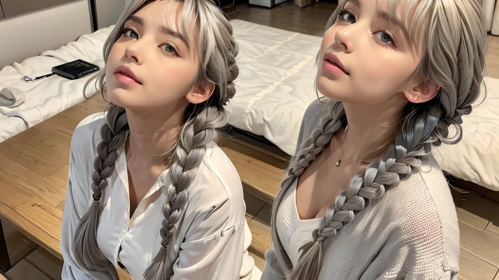 Highest quality, masterpiece,Gray Hair, Golden Eyes,White clothes, look up, Upper Body,hair,Fair skin,Side braid