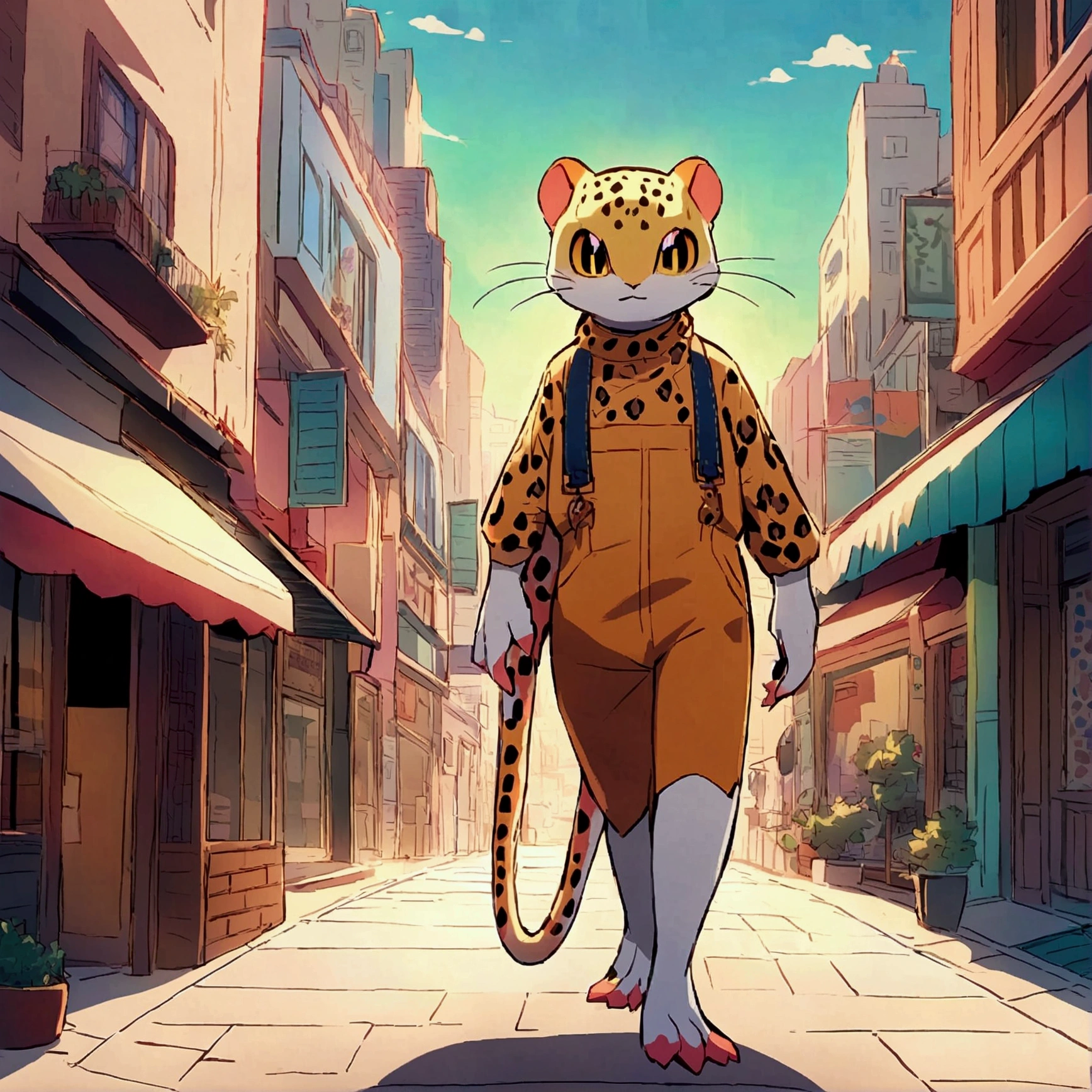 Create an anime-style image featuring a leopard gecko as the main character. The gecko is walking bipedally and wearing human clothing. The gecko has snake-like vertical pupils. The background is an urban city street scene. The overall look is vibrant and dynamic, capturing the lively atmosphere of the city.
