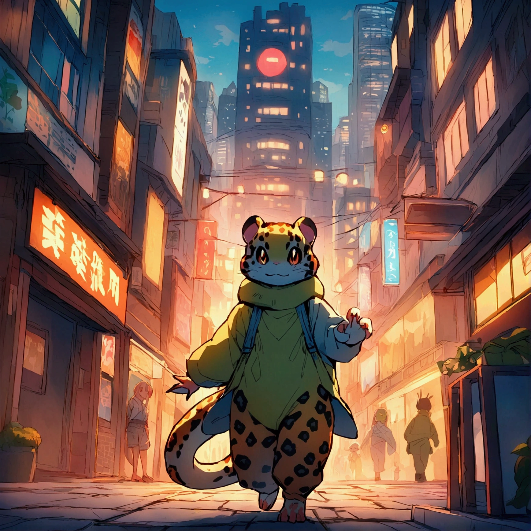Create an anime-style image featuring a leopard gecko as the main character. The gecko is walking bipedally and wearing human clothing. The gecko has snake-like vertical pupils. The background is an urban city street scene. The overall look is vibrant and dynamic, capturing the lively atmosphere of the city.
