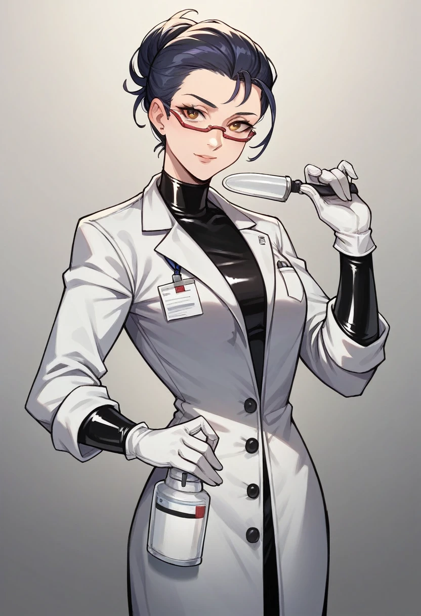1girl, ((white gloves)), ((surgical gloves)), ((latex gloves)), ((black surgeon outfit)), looking at viewer, ((long sleeves)), ((black doctor)), standing, solo