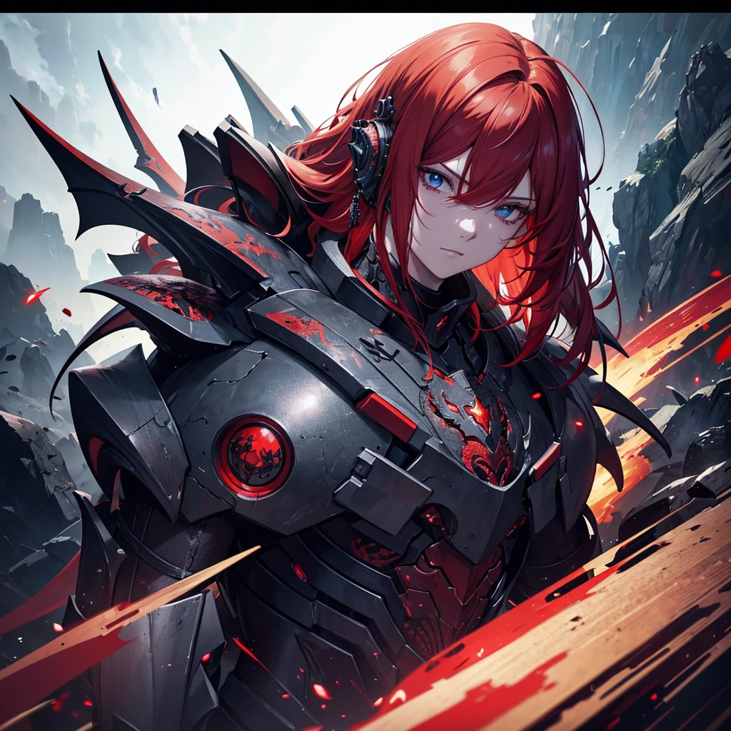 a humanoid dragon scientist with red hair, tired expression, black armor on shoulders, detailed eyes, detailed face, beautiful detailed face and features, intricate details, highly detailed, cinematic lighting, 8k, photorealistic, hyper realistic, digital painting, concept art, dark moody colors, dramatic lighting