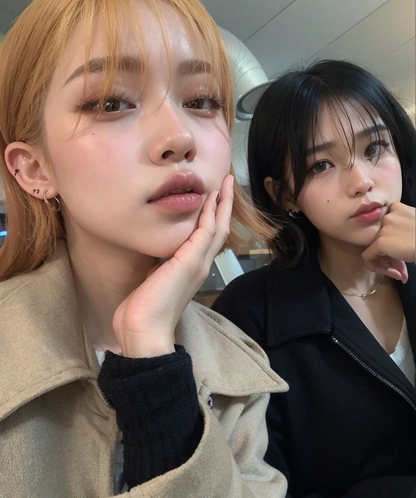 Two young women sitting side by side with hands on their chins, ulzzang, con negro, dos chicas, Nixeu y Sakimichan, 8k)), con cara redonda, maquillaje popular de Corea del Sur, 🤤 girl portrait, Rasgos de la cara coreana, Aesthetics of beautiful faces, con flequillo, Sakimichan, El Corte Hime, maquillaje coreano popular