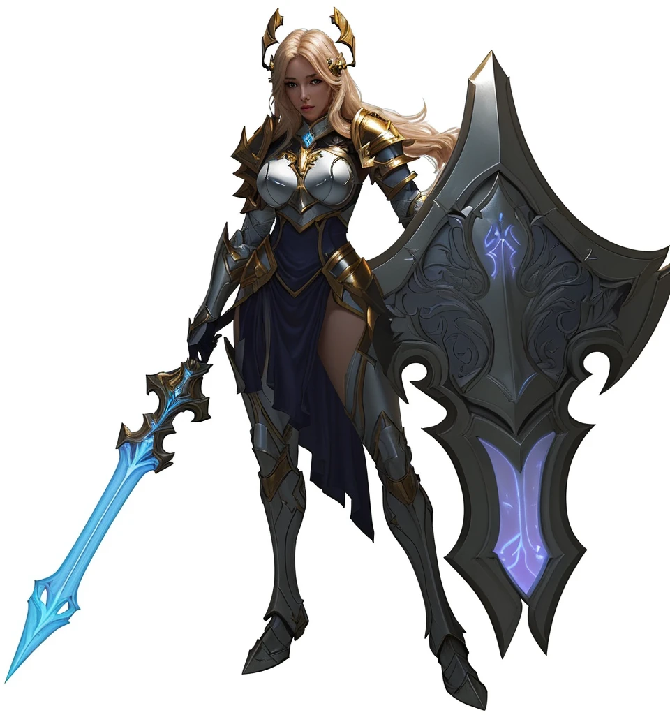 paladin, female, full armor, white armor, sexy, pretty face face, glowing armor, wonderfull, looks like "leona" from "league of legends"