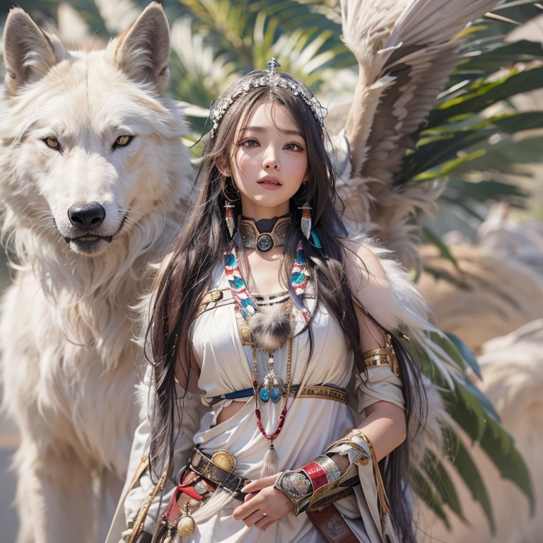 Shirakami-Sanchi、Hair Flow、 ((Highest quality、masterpiece、8k、Best image quality、Ultra-high resolution、Award-winning works)、(Accurate anatomy:1.1)、(Look at me and smile:1.1)、Shining fair skin with Ultra-high resolution、The most detailed face、Ultra-high resolution detailed face、Ultra-high resolutionの髪の毛、(Ultra-high resolutionの煌めく瞳:1.1)、Beautiful face drawn in every detail、(Blurred Background:1.1)、Native American white costume, American Indian Clothing, Chest to chest, tattoo、A real giant condor next to you。Observe the white wolf