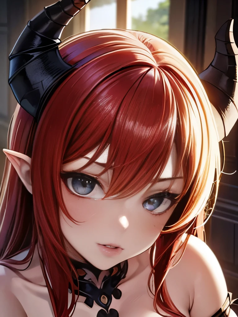 ((best quality)), ((masterpiece)), (detailed), perfect face, 1 girl, portrait of a very tiny red imp girl with a long devil tail, nude, cute pose, covering up