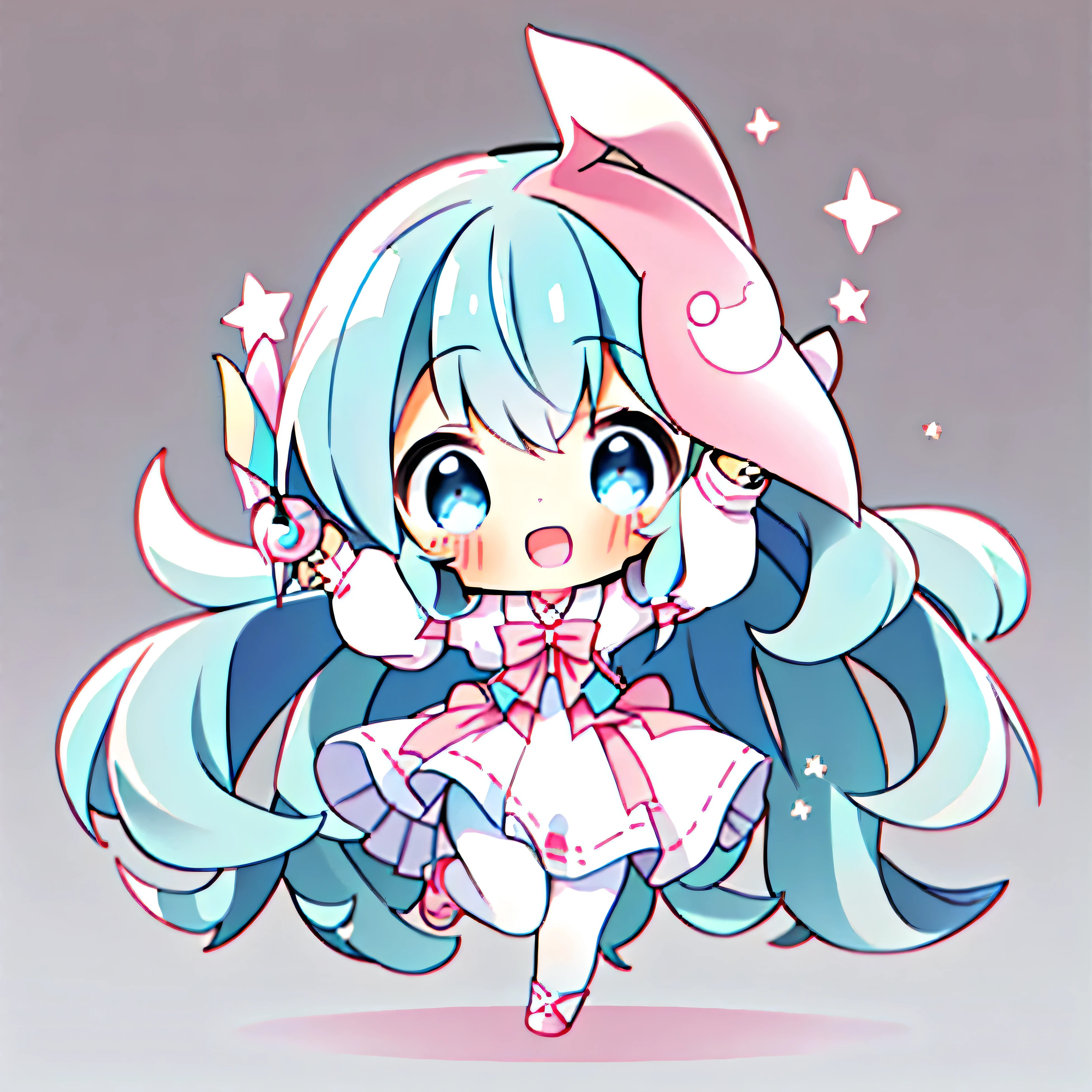 Chibi、1girl in, Animal ears, Pink hair, Long hair, Rabbit, Open mouth, Smile, Rabbit ears, Bow, Solo, White background, Dress, pantyhose, walls, Blue eyes, Looking at Viewer, :D, Full body, Simple background, nail polish, Striped, Holding, Arm up, Hair Bow, Long sleeves, Puffy sleeves, Aqua Footwear, shoes, blue footwear, Jumping, animal, blush, argyle, Star (symbol), holding wand, Very long hair, bow ribbon,
