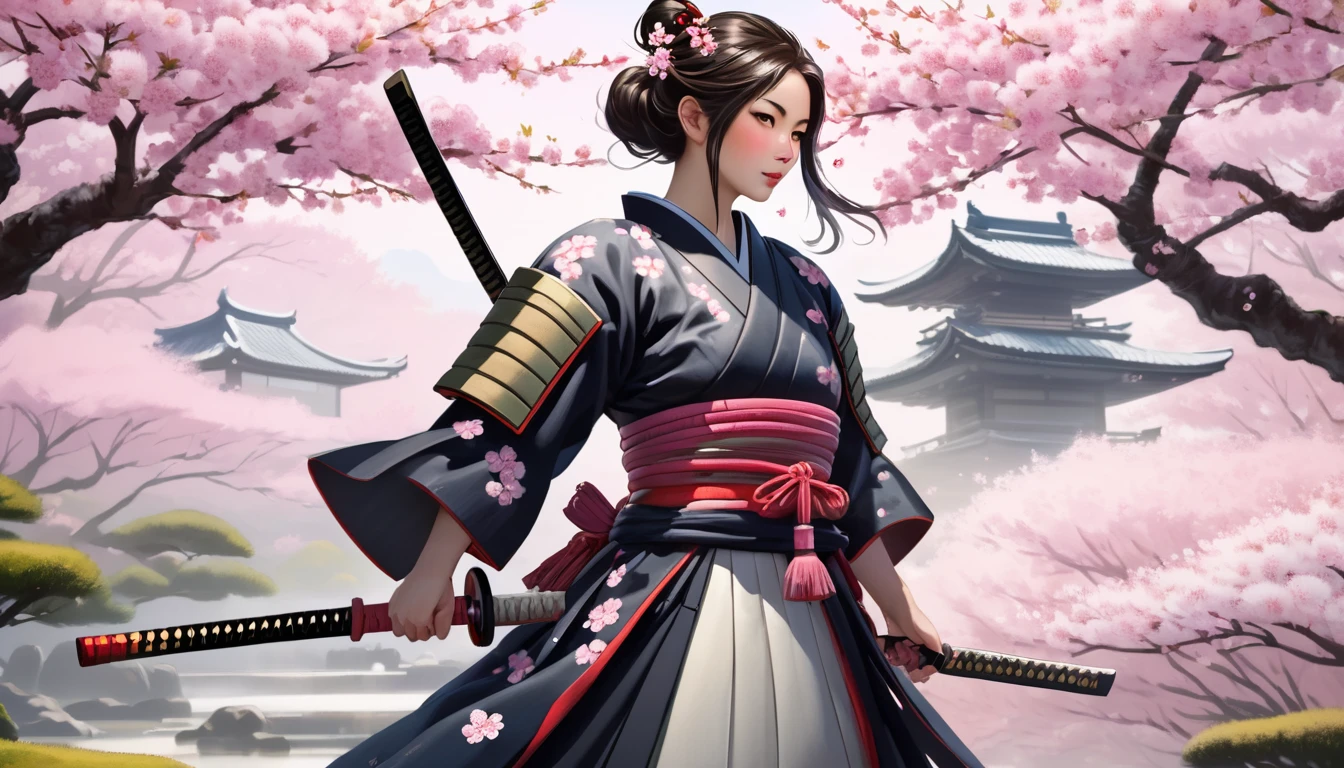 Female samurai,Cherry blossoms and Japanese garden