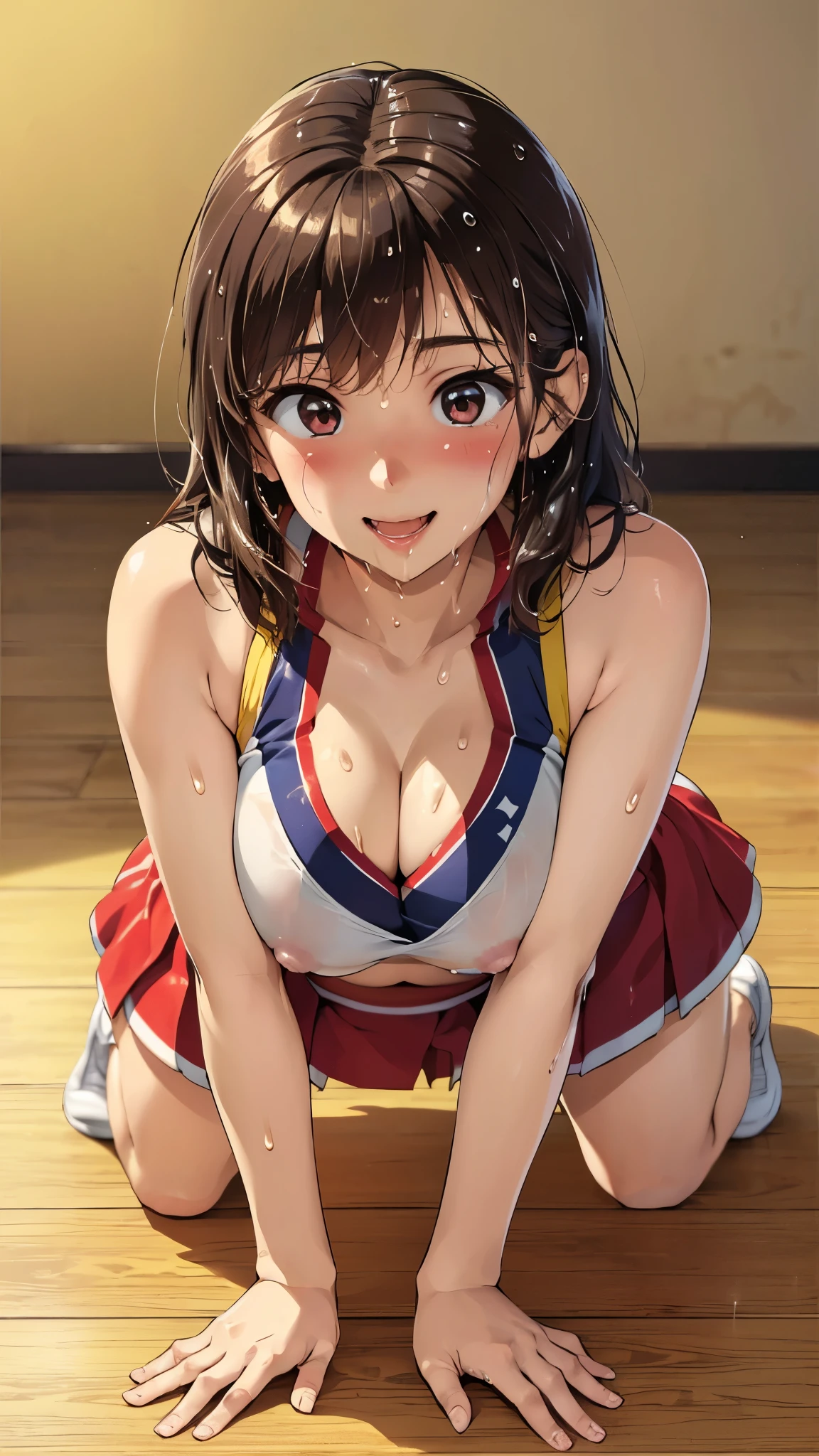 ((Cheerleader、Highest quality、masterpiece、High resolution))、(((On all fours、Zoom Photo、semen、Bukkake、Wet body、Wet Hair)))、(smile、blush)、Big Breasts、Cleavage、Inside the gym、Brown Hair