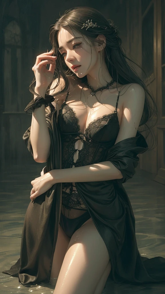 Sensual woman、Beautifully detailed eyes、Beautifully detailed lips、Highly detailed face、Long eyelashes、Graceful appearance、Gothic dresses、Soft lighting、Dramatic Shadows、A calming color palette、Cinematic composition、Photorealistic、(Highest quality) 、4K、8K、High Resolution、masterpiece:1.2)、Super detailed、(Real、Photorealistic、Photorealistic:1.37)、Black panties、Stiletto heels、sit、sensual pose、bold pose、The skin is damp、Sweating、

masochist、blush、Embarrassed、Expressions of ecstasy、Spreading legs with hands、Distorted facial expressions、Tears are flowing、Heavily wet、With water droplets