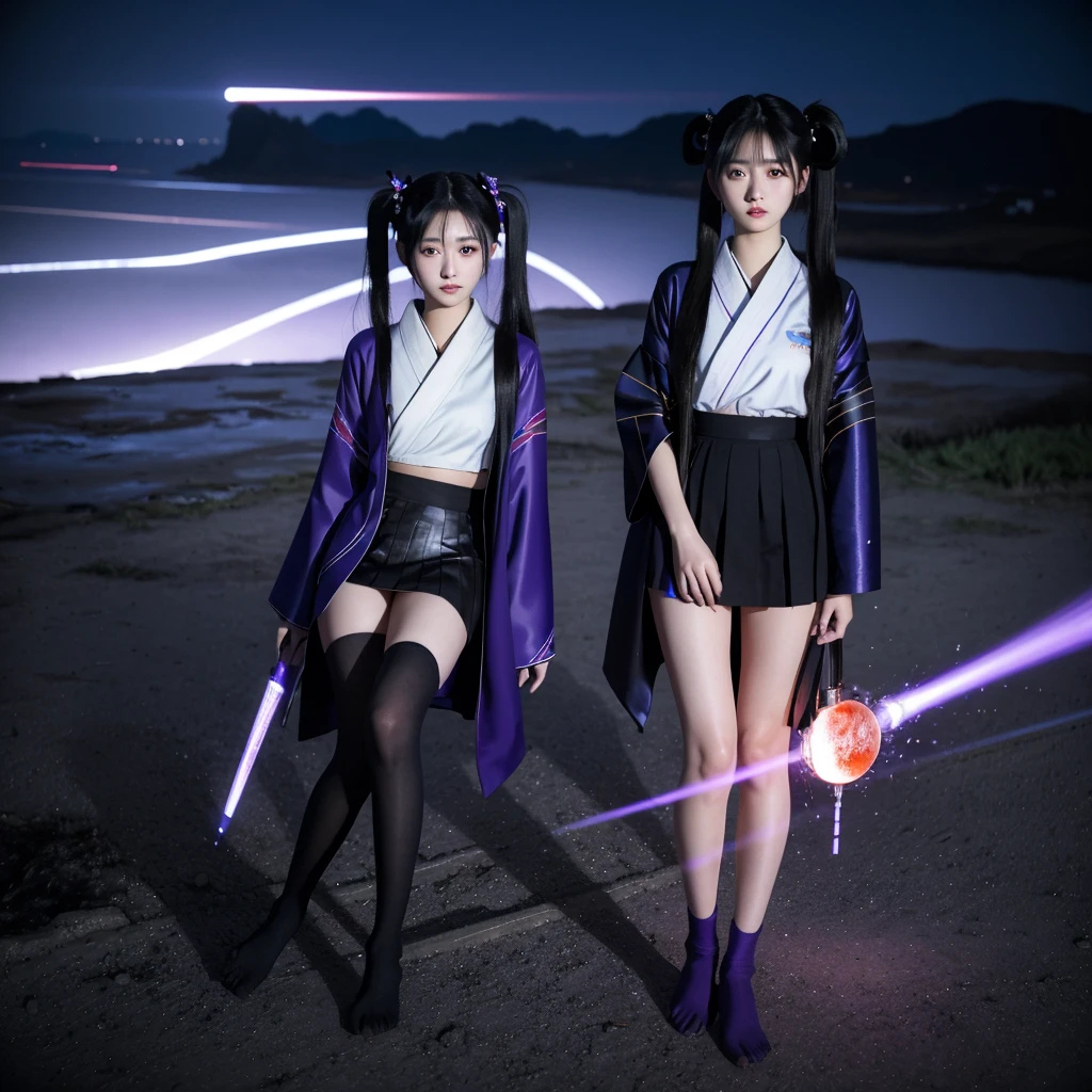 Two Girls, kimono, Twin tails ,Black Hair, Purple eyes, magic circle, Blue Fire, Blue Flame, wallpaper, landscape, Blood, Blood splatter, Depth of written boundary, night, Particles of light, light, Side light, Thighs, destiny \(series\), Genshin Impact, ****, Open jacket, skirt, Knee socks, cloud