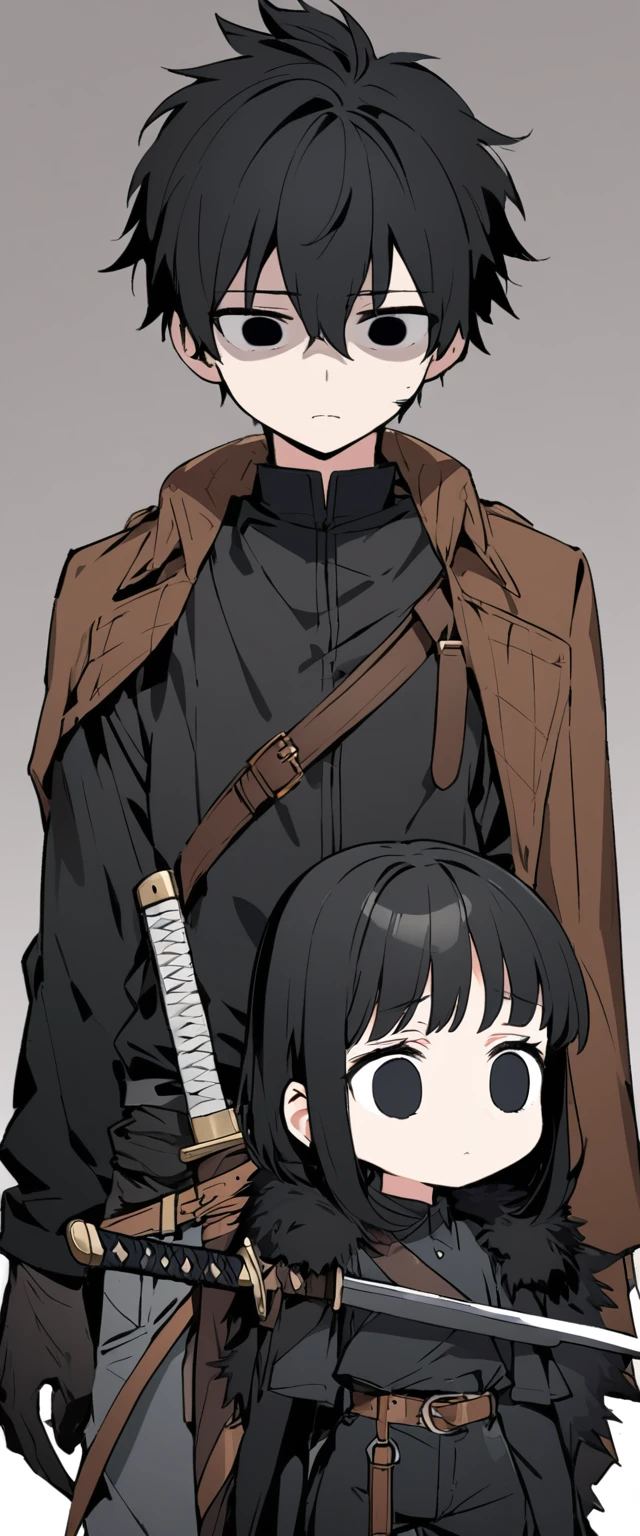 Drawing style of a little age girl 14 yh short black hair and a little messy with a small shadow on her face showing how gloomy she is with black eyes wearing black clothes with brown leather straps with black fur on her shoulders. His clothes also have several straps on his clothes and his pants are short brown while he has a sword in his sheath with a strap on his waist., with empty eyes without feelings looking at nothing