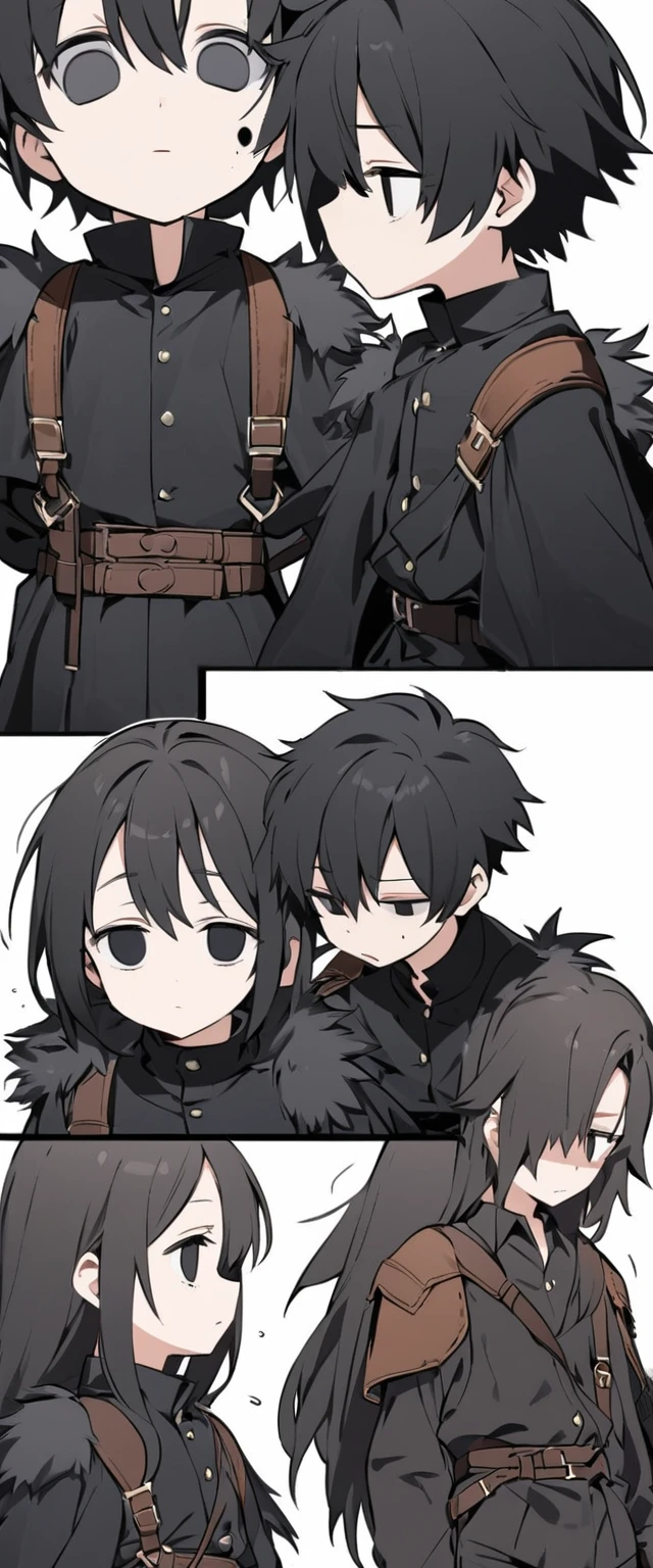 Drawing style of a little teenage girl 14 years old with short black hair and a little messy with a small shadow on her face showing how gloomy she is with black eyes wearing black clothes with brown leather straps with black fur on her shoulders. His clothes also have several straps on his clothes and his pants are short brown while he has a sword in his sheath with a strap on his waist., with empty eyes without feelings looking at nothing