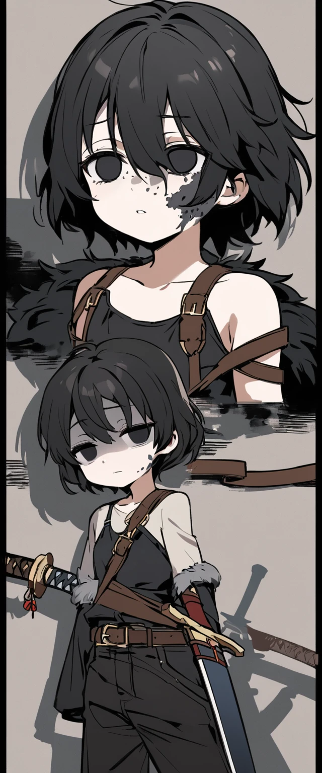 Drawing style of a little teenage girl 14 years old with short black hair and a little messy with a small shadow on her face showing how gloomy she is with black eyes wearing black clothes with brown leather straps with black fur on her shoulders. His clothes also have several straps on his clothes and his pants are short brown while he has a sword in his sheath with a strap on his waist., with empty eyes without feelings looking at nothing