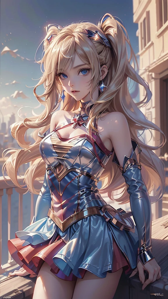 ((Best quality, Masterpiece, Nonsense)),1girll:1.9, Sexy, ( 18 years old, Expressive blue eyes, shoulder-length blonde hair, Long hair,Loose and fluffy hair),Dressed Supergirl cosplay (Super Girl Suite custom role-playing), short red dress,eechi, Terrace in 1 building