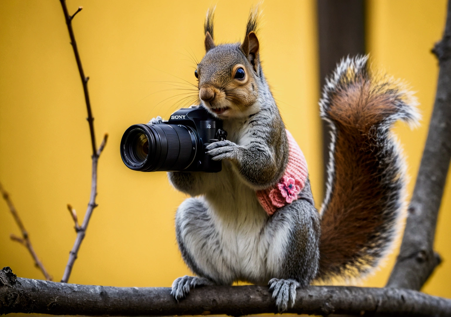 A delightful and captivating image of a quirky female squirrel meticulously holding a professional Sony camera and wearing a knitted salmon-colored jumper and black pants and a small pink flower in her hair. Perched on a tree branch in an urban environment, the squirrel is on a nature photography mission. A delicate balance of sunlight and shadow on a nearby yellow wall creates a dynamic play of light and dark. The squirrel's determined eyes and the camera strap around her neck reflect its dedication to capturing the perfect cinematic shot. Her eyes look determined but very cute.