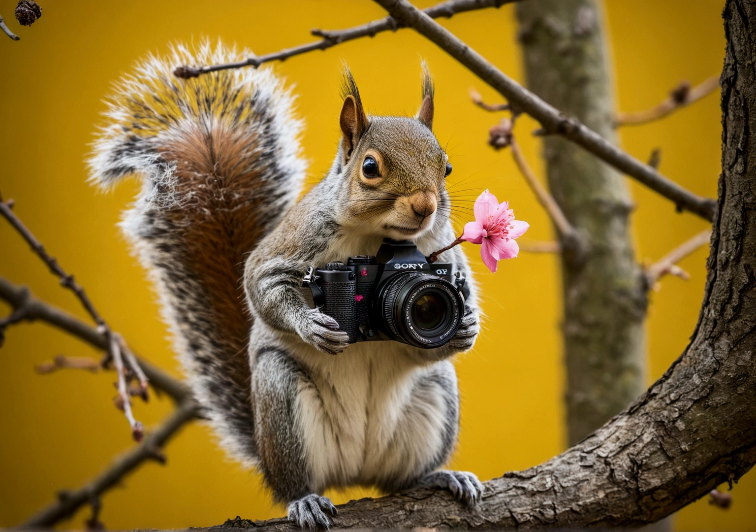 A delightful and captivating image of a quirky female squirrel meticulously holding a professional Sony camera and wearing a knitted salmon-colored jumper and black pants and a small pink flower in her hair. Perched on a tree branch in an urban environment, the squirrel is on a nature photography mission. A delicate balance of sunlight and shadow on a nearby yellow wall creates a dynamic play of light and dark. The squirrel's determined eyes and the camera strap around her neck reflect its dedication to capturing the perfect cinematic shot. Her eyes look determined but very cute.