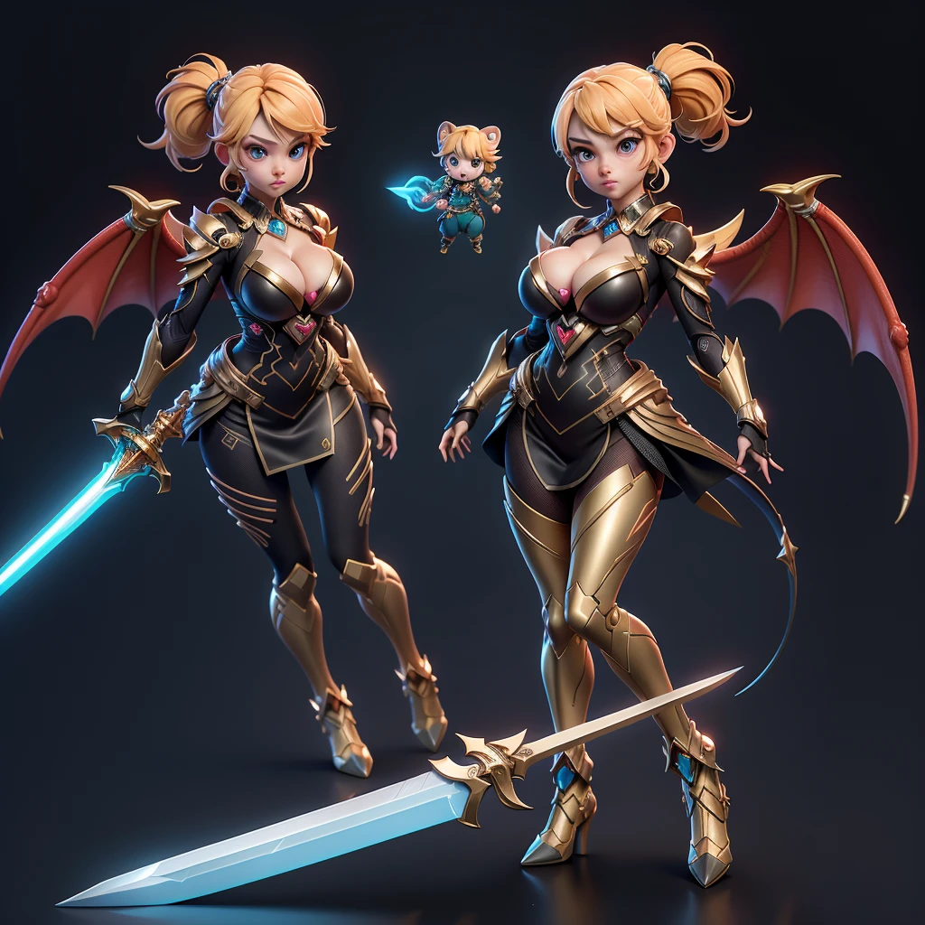 mini dragon, 独奏, ray tracing, 3D style, 3DMM, (3 poses per photo), fully body, (bodysuit branco),(dark dress), over all view,((3 poses per photo)), over all view, Hearts of the Kingdom style clothes,((3 poses in each photo)), over all view, Metroid, ((with futuristic sword)),Ultra-realistic skin, (big tits),((huge cleavage on the breasts)),((incredible look)),((impressive details)),((stellar blade))