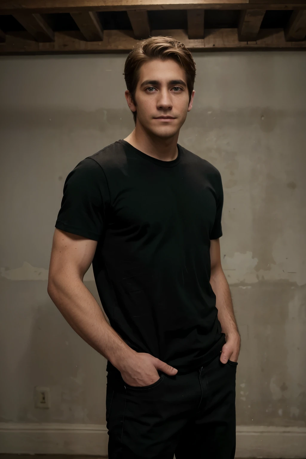 A young Jake Gyllenhaal, 20, no beard or mustache, wearing a full-length black T-shirt and dark green jeans