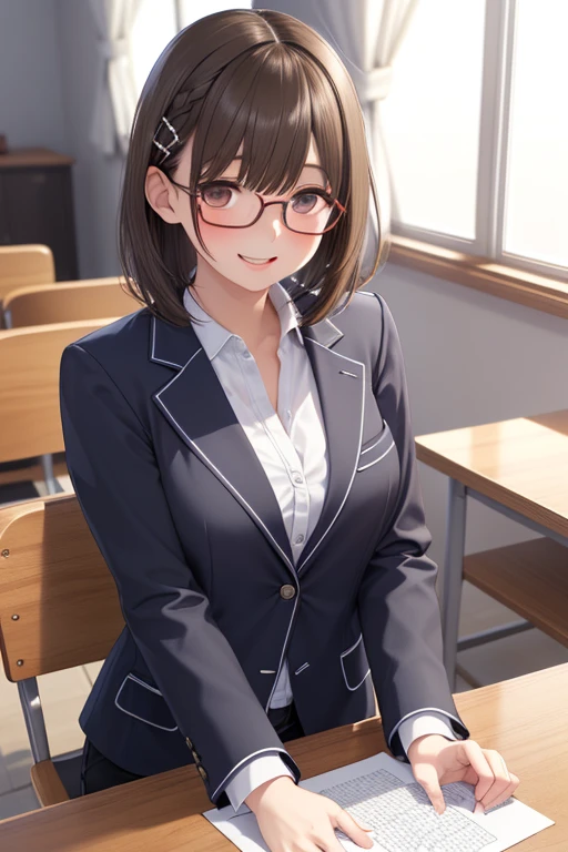 anegasaki nene、Shiny brown hair, short hair, (Beautiful brown eyes、Sparkling eyes, Fine grain)、smile、Ultra-detailed目、Highly detailed face, Highly detailed eyes,


(Tabletop, Highest quality, Capture the cutest moment, Depth of written boundary, Ultra-detailed, Ultra-high resolution, C4D, Octadale, 3D Modeling, 8k, 16K,
 One Girl、short hair、,hair ornaments、Wearing black glasses、Laughter、Slender body、（tailored jacket)、office lady