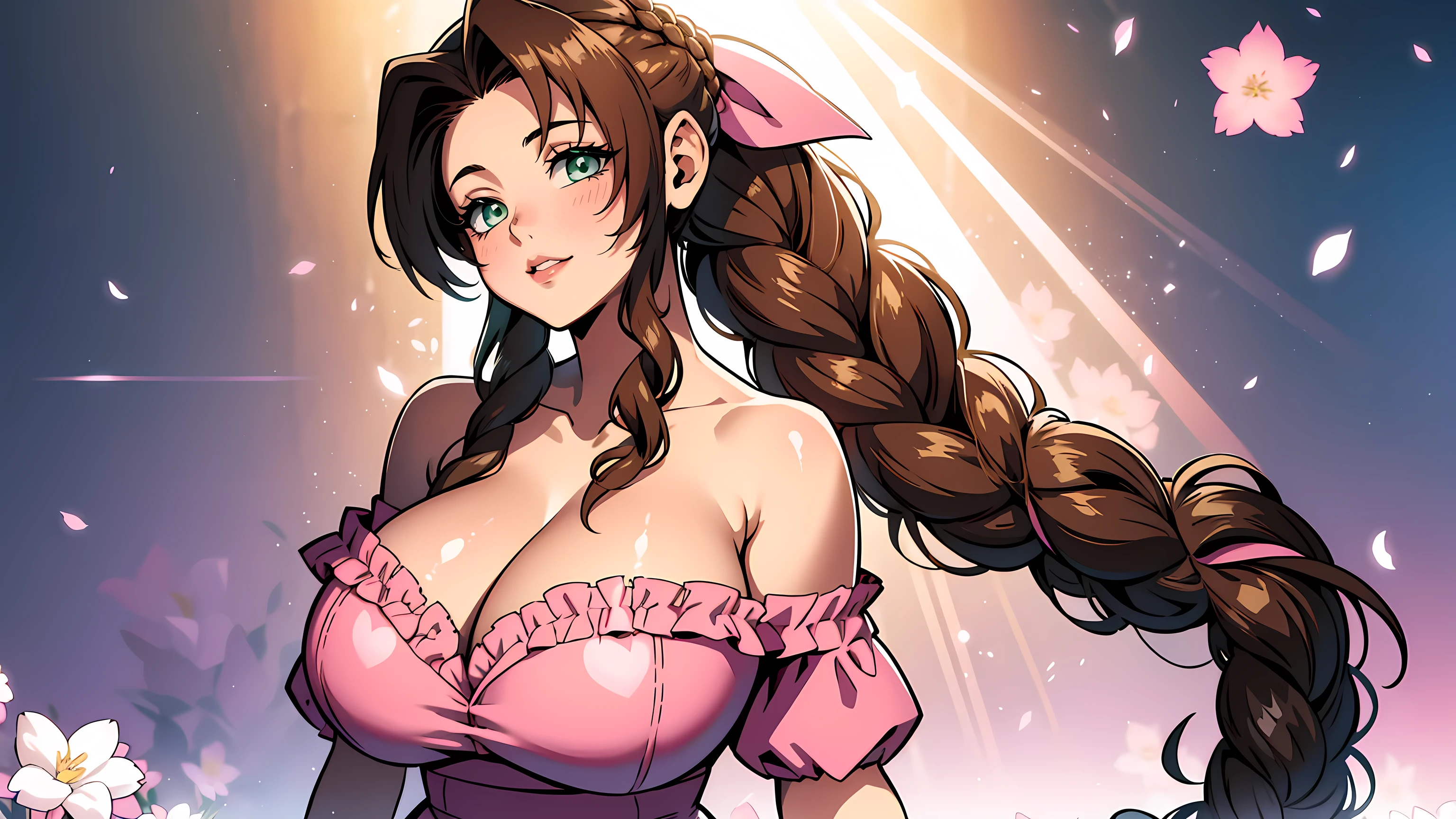 Gainsborough_Aerith, long hair, brown hair, bow, ribbon, hair ribbon, pink bow, braid, braided ponytail, single braid, (huge breasts1.4), flower embroidery, off-shoulder dress, string support, frilly dress, covered collarbone, coast, parted lips, light smile, light rays, light particles,