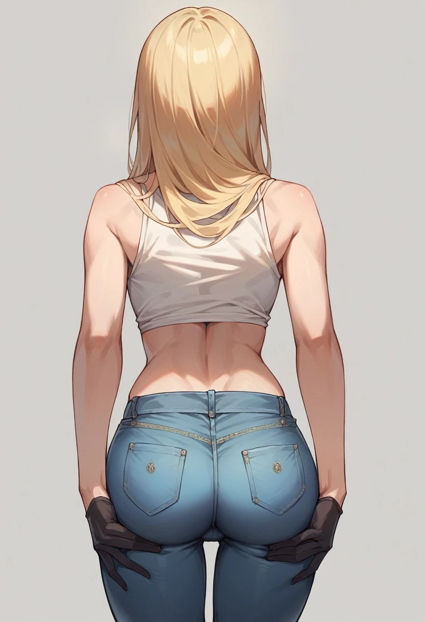 masterpiece, best quality, one blonde girl, long hair black gloves, midriff top, tight jeans, perfect body, rear view, facing away from camera, perfect round butt, slim thighs, own hands on butt