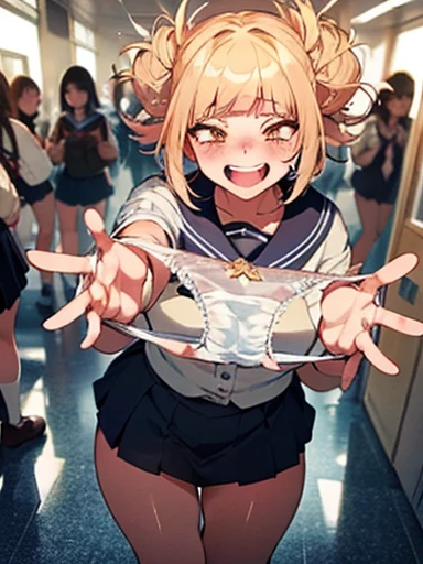Highest quality,(Beautifully detailed white panties),She looks at me teasingly.,(smile),School corridor,(She is excited to show her panties stained with white liquid:1.3),(She forces me to masturbate in her panties),There are four girls around、They are surprised,Anatomically correct fingers,Anatomically correct hand,Very beautiful and detailed fingers