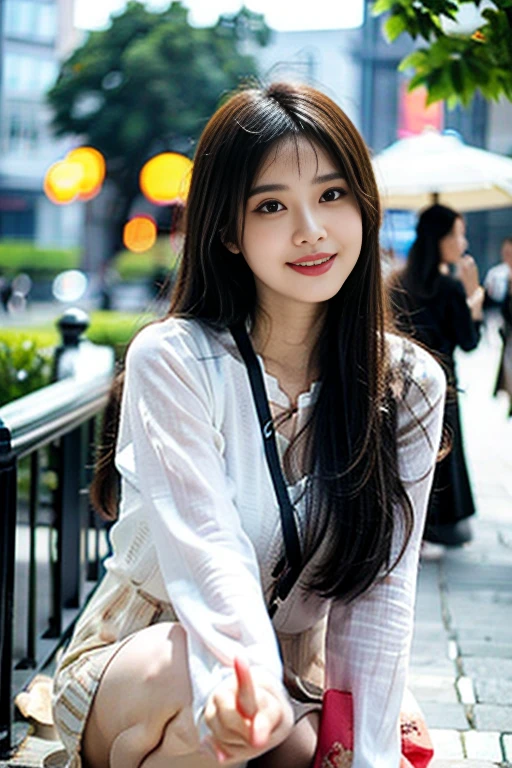 (1girl, cities in china, ultra high resolution, (actual:1.3), random pose, deep shadow, best quality, masterpiece, dim, shadow, panicked, blush, very detailed, depth of field, film grain, detailed smooth & fair skin, looking at audience, warm smile, alone, whole body including legs, permanent, open thighs, white, Ao Dai, masterpiece, best quality:1.5, bokeh)